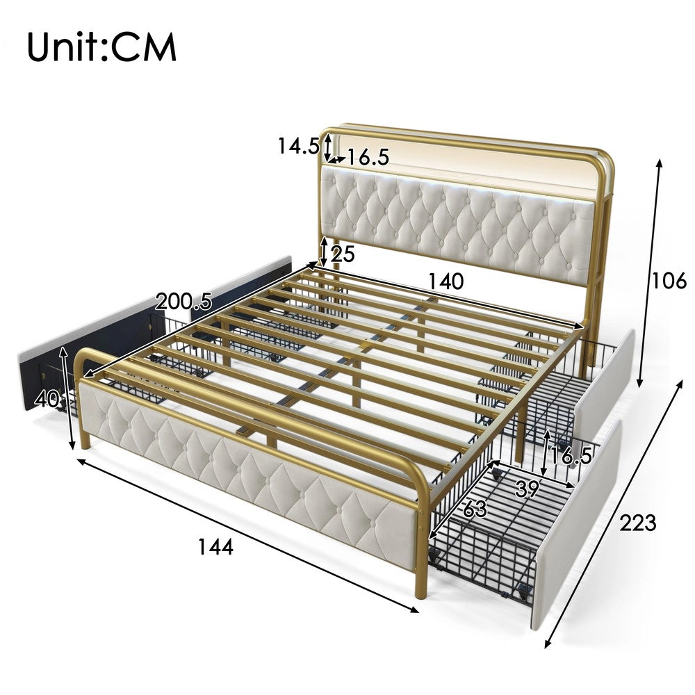 Letto Imbottito Matrimoniale con Cassetti e LED ¨C MINIMAL ¨C Velluto 140x200