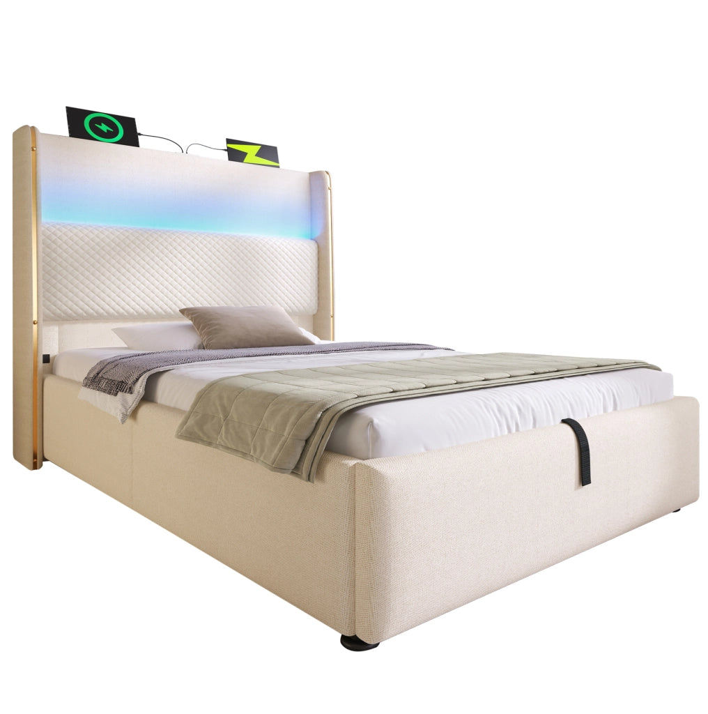 Letto matrimoniale singolo 90x200 cm con testiera alta; LED; stoccaggio e porte USB Type C; beige
