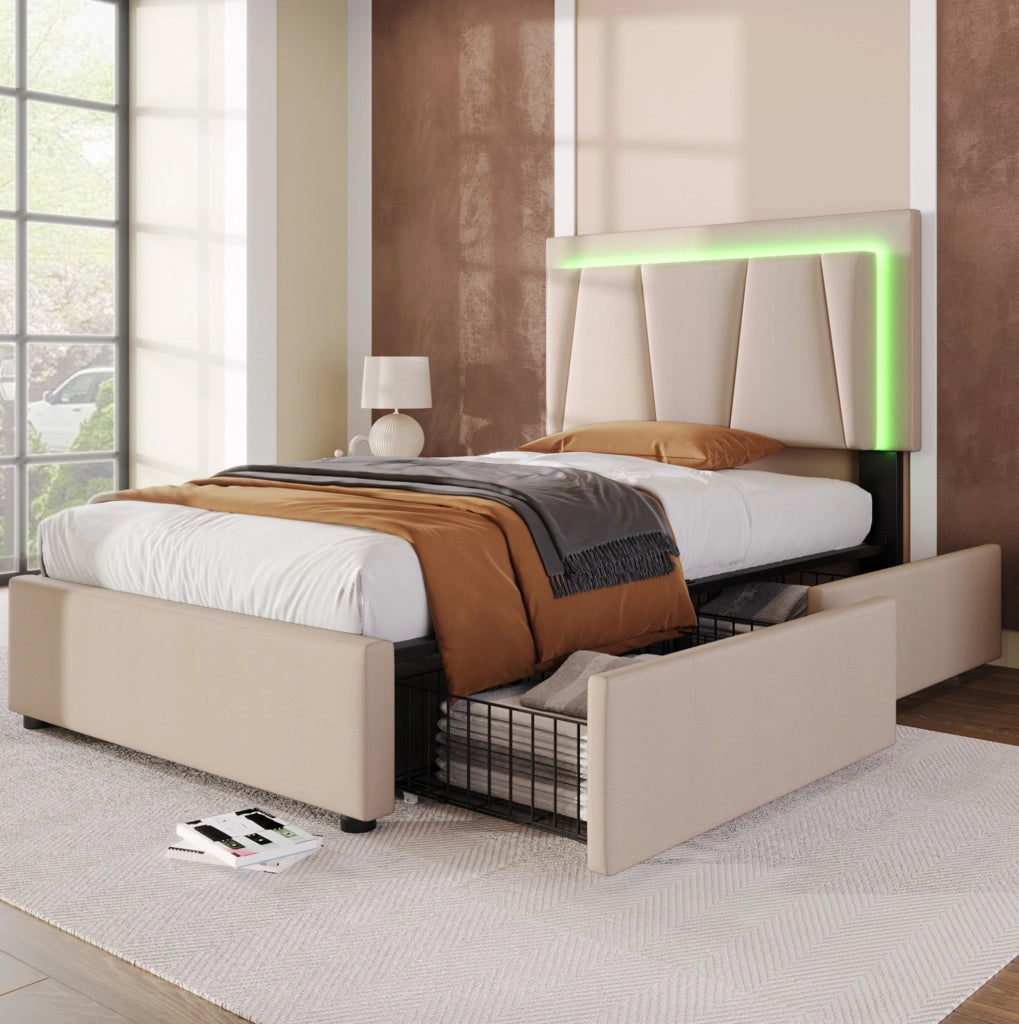 Letto singolo ULEVR 90x200 cm con LED, 2 cassetti e testiera regolabile, beige