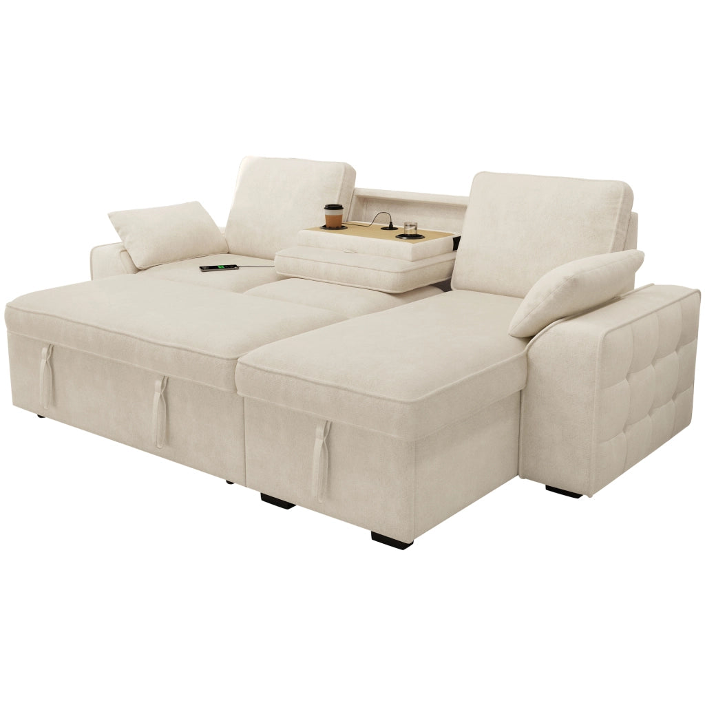 Divano angolare 3 posti in chenille con contenitore, letto estraibile, tavolino con portabicchieri e USB, beige, 237x141x86 cm