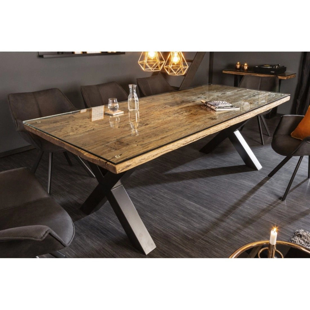 Tavolo da pranzo RAFTA 220 cm – Piano in legno massello di teak e vetro temperato – Gambe a X in metallo nero