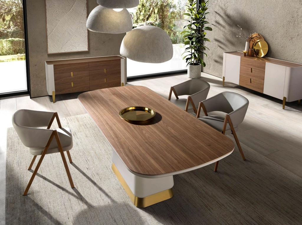 Cassettiera in legno beige, acciaio lucido dorato e piano in noce