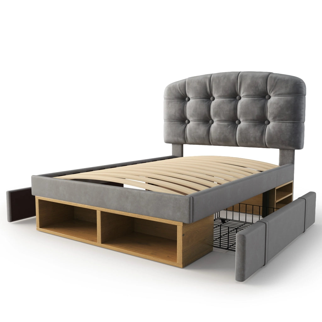 Letto singolo 90x200 in velluto grigio con testiera regolabile, cassetti e rete a doghe