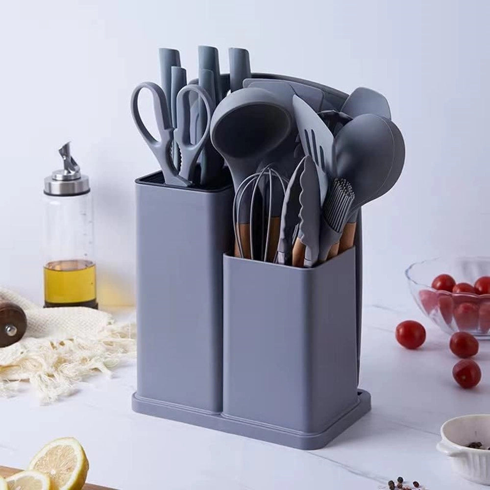 Trade Shop - Set Di Utensili Coltelli Da Cucina Da Chef Da 19 Pezzi In Silicone Con Manico In Legno -