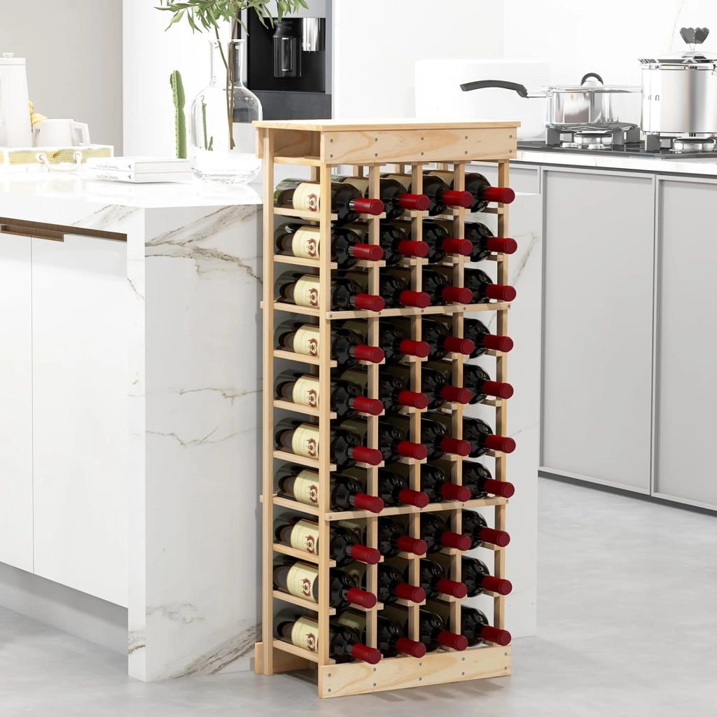 Portabottiglie per Vino in Legno, Scaffale da Terra a 10 Livelli per 40 Bottiglie, Catinetta in Legno di Pino con Struttura Stabile, Ideale per Cucina, Bar, 47 x 28 x 113 cm, Naturale
