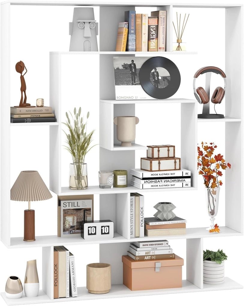 Libreria Scaffale Geometrico Spirale ad Angolo Retto a 7 Ripiani, Scaffale Espositivo in Legno Salvaspazio, Libreria per Camera da Letto, Soggiorno e Salotto, 125 x 22 x 150 cm (Marrone)
