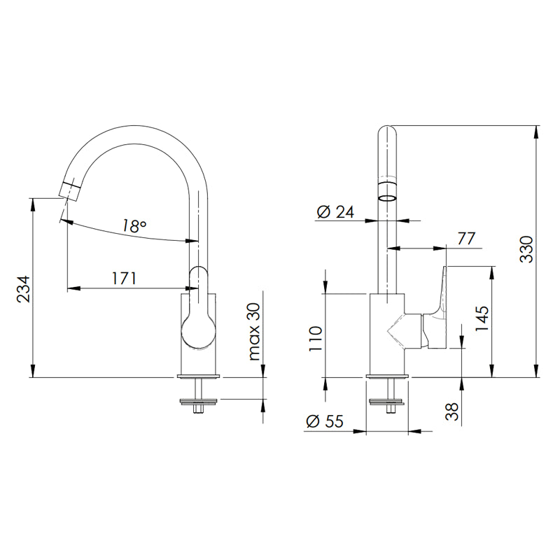 Rubinetto monocomando monoforo 90 gradi con canna alta a u - serie winner