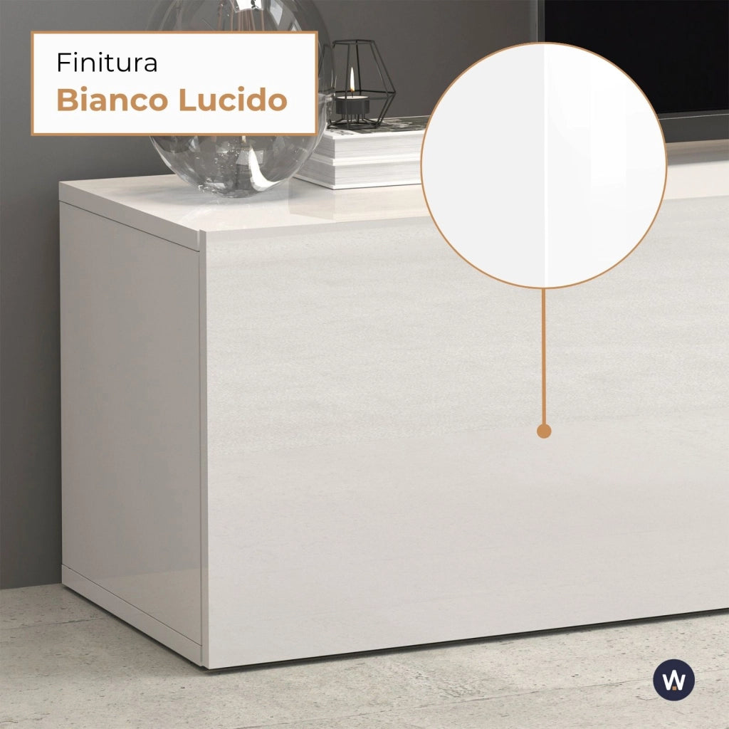 WHOUS Mobile porta tv Egypt a 2 ante e 2 ripiani in vetro bianco lucido 180x38x35 cm