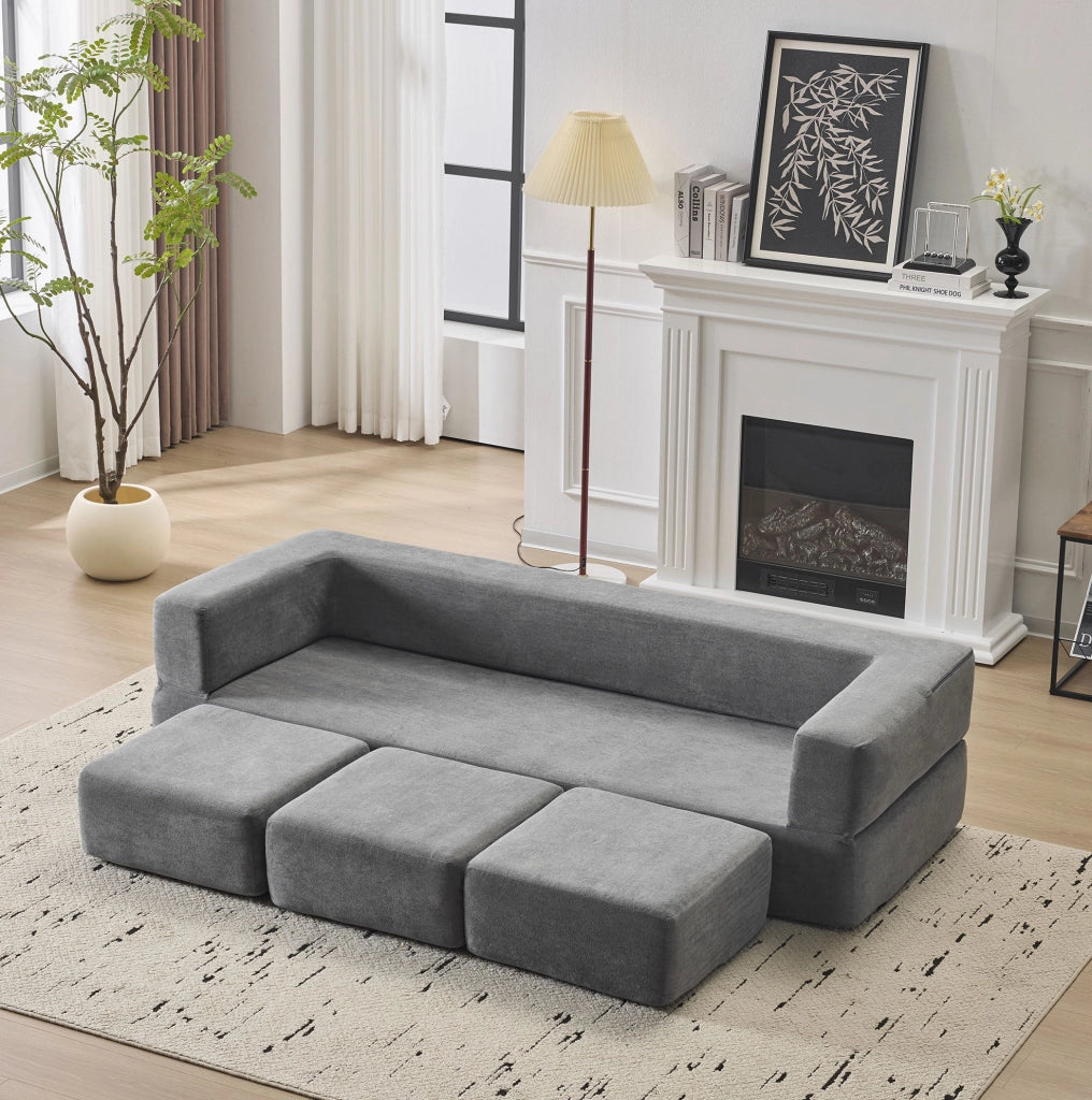 Divano modulare multifunzione in chenille grigio con schiuma ad alta elasticità
