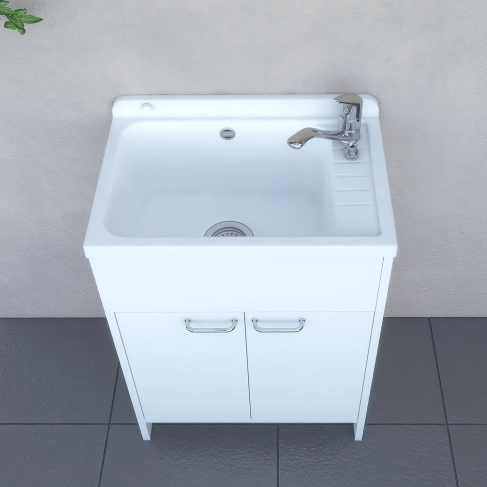 Mobile lavatoio salvaspazio in PVC bianco 58cm con vasca e piletta in acciaio inox