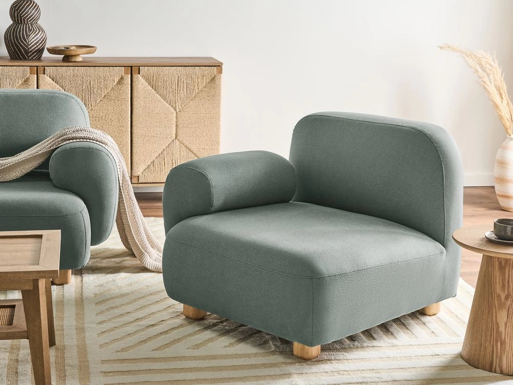 Modulo divano angolare lato destro a 1 posto con tessuto idrorepellente gambe in legno verde chiaro stile moderno a un posto