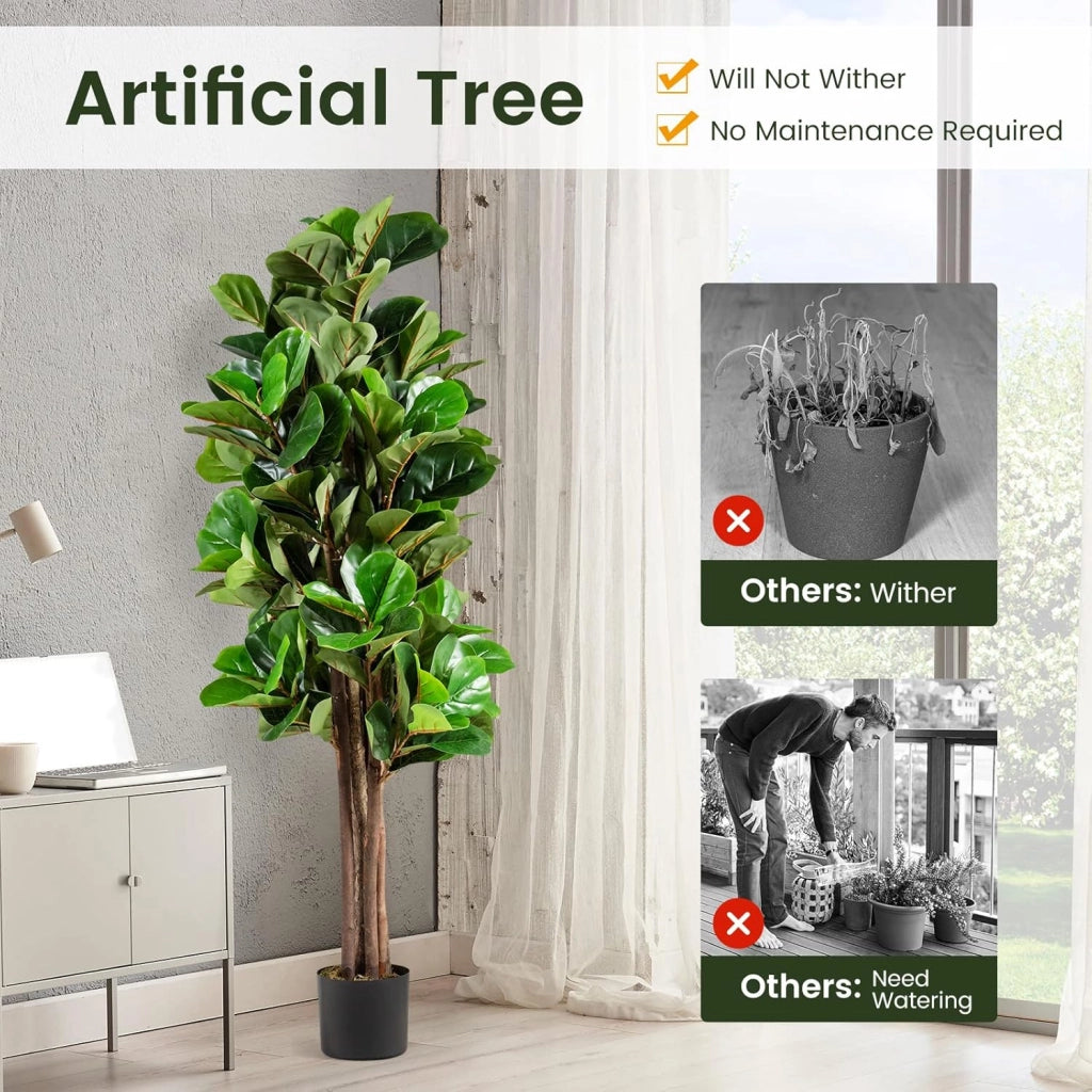 Albero artificiale da 150 cm, pianta finta con 180 foglie realistiche, vaso di cemento e muschio realistico, pianta falsa in vaso per la casa, ufficio, decorazione del giardino