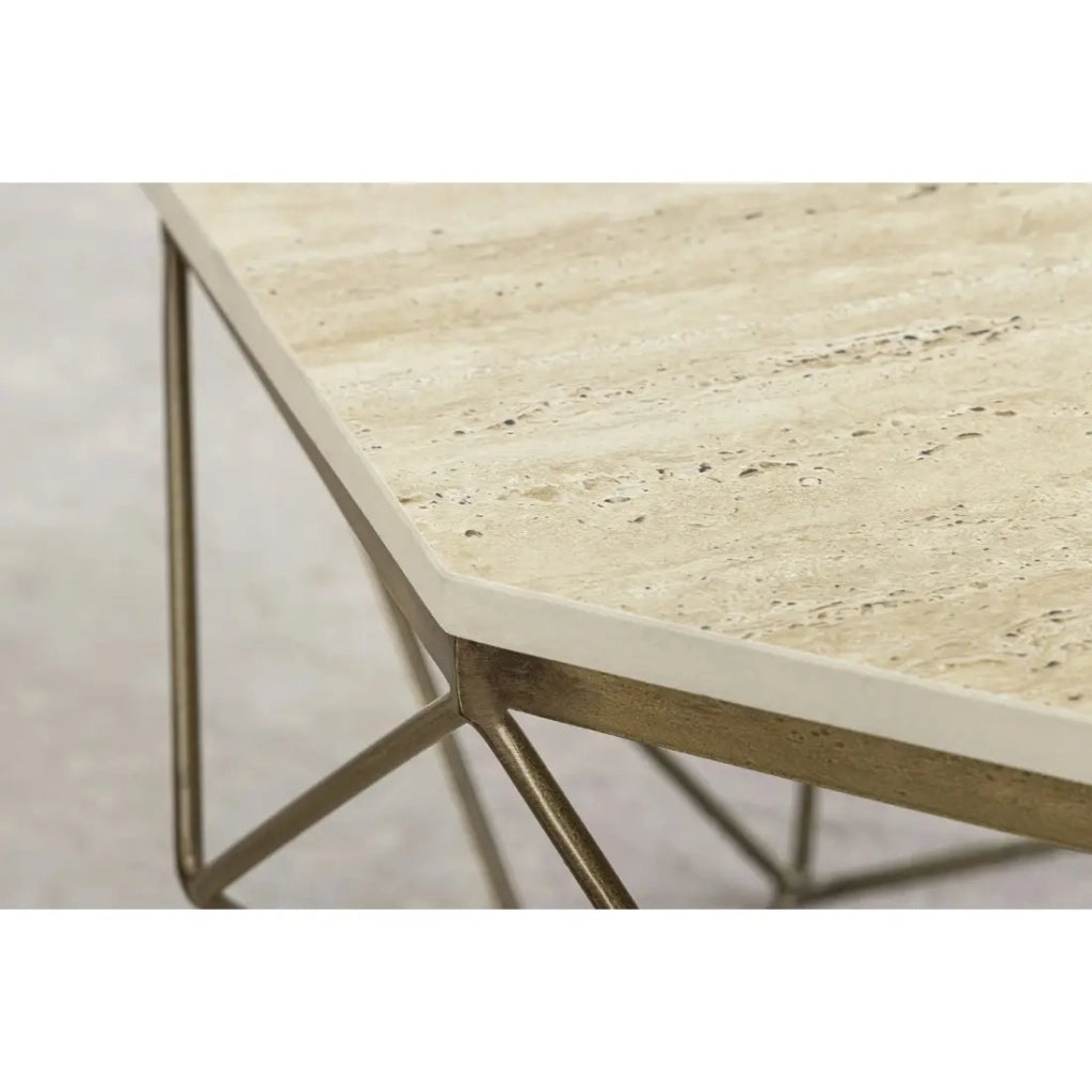 Tavolino basso NEXORA 70 cm in travertino beige e metallo finitura ottone design geometrico