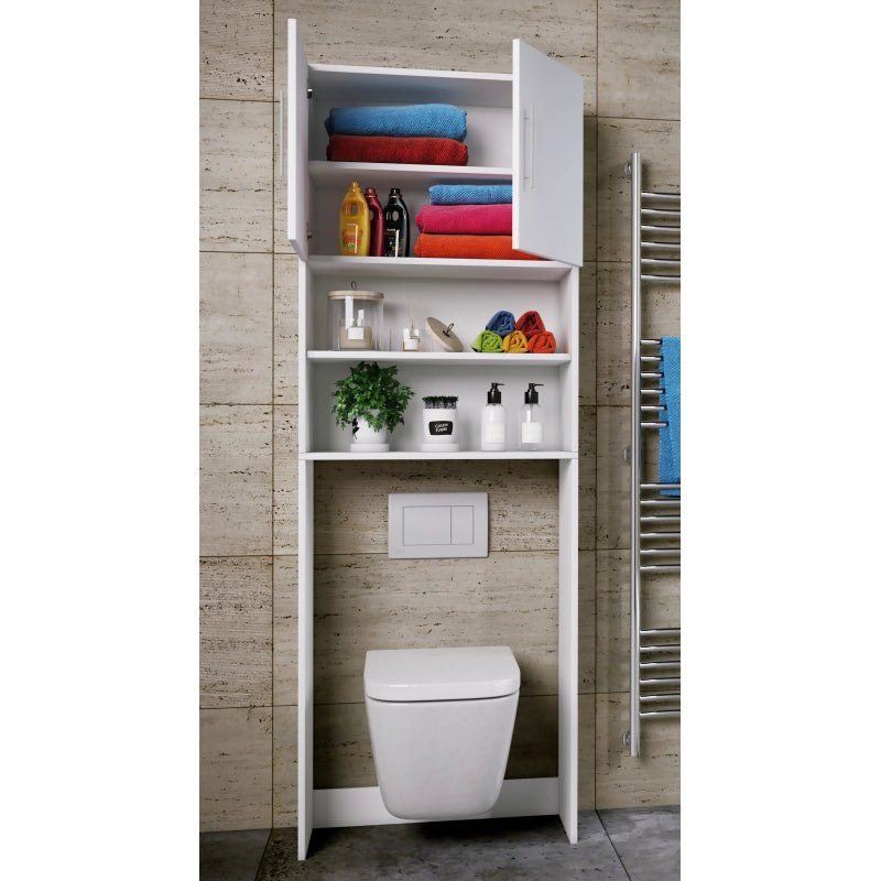 Colonna Lavanderia – Coprilavatrice con Ripiani In Legno Bianco H190 × L64 × P25 cm Soluzione Salvaspazio per Bagno e Lavanderia