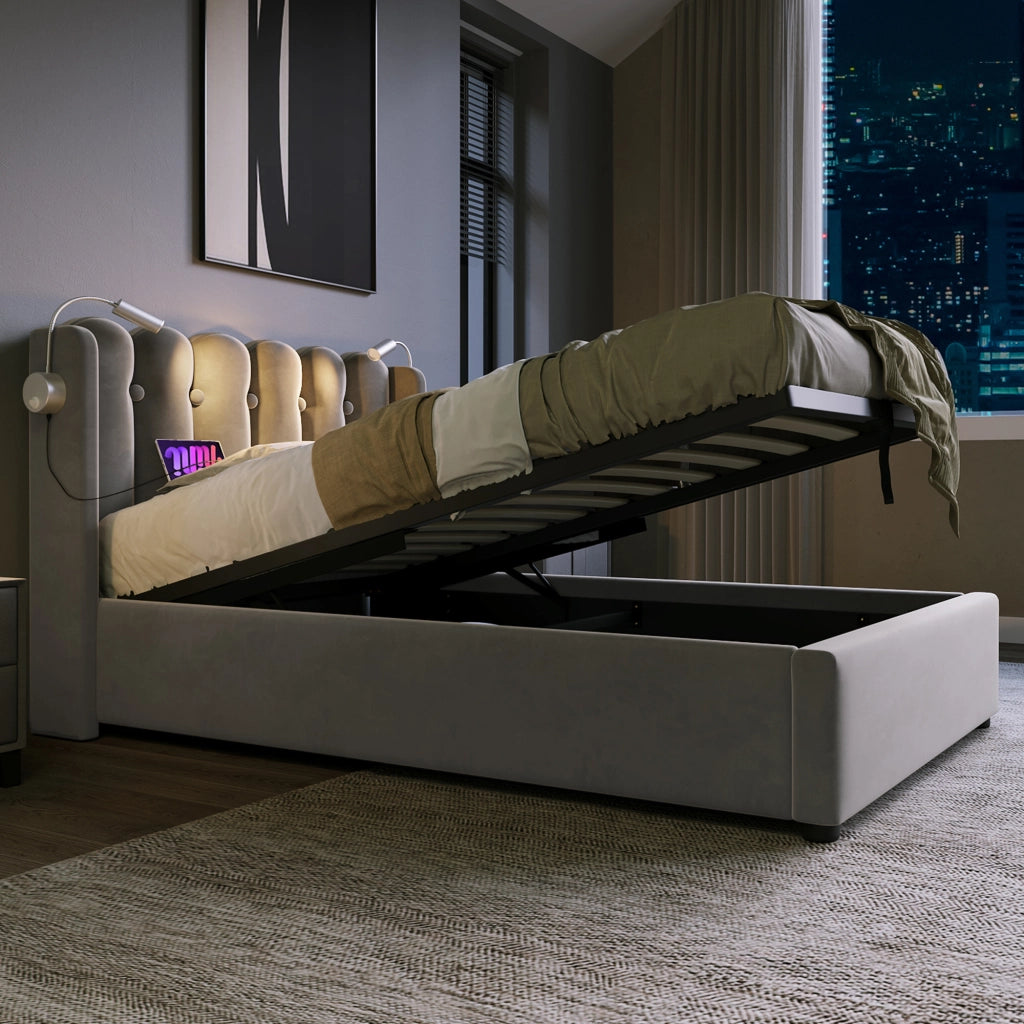 Letto Contenitore 90 x 200 cm; 1 Posto con USB; Luce da Lettura e Vano; senza Materasso; Velluto Grigio
