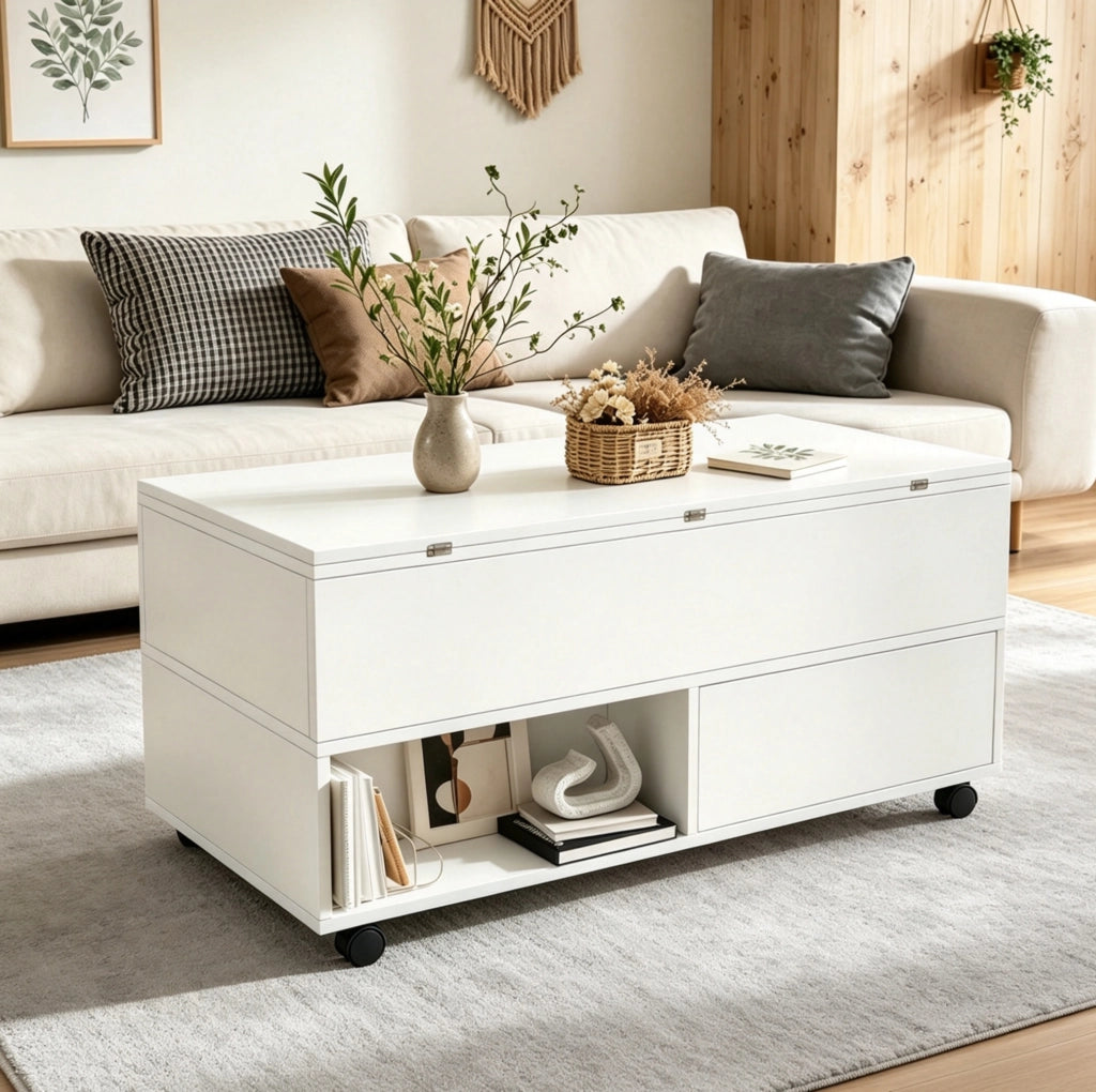 Tavolino da caffè 100x50x52 cm regolabile in altezza con 4 cassetti in truciolare bianco