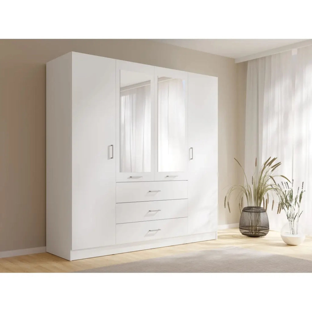 Armadio KALISTA 200 cm bianco opaco – 4 ante a battente, 2 specchi, 3 cassetti