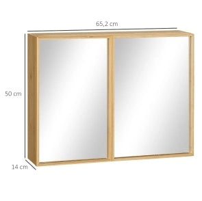 Armadio Specchio da Bagno in Bambù Naturale con Doppia Anta e 3 Ripiani 65x14x50 cm