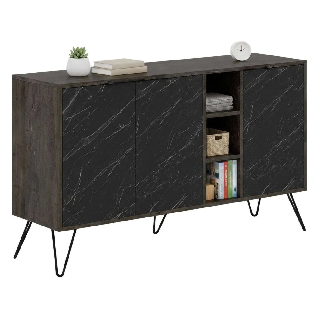 Credenza Alin, Buffet da soggiorno, Madia da salotto, Dispensa da cucina, 142x36h83 cm, Ossido e Nero Marmo