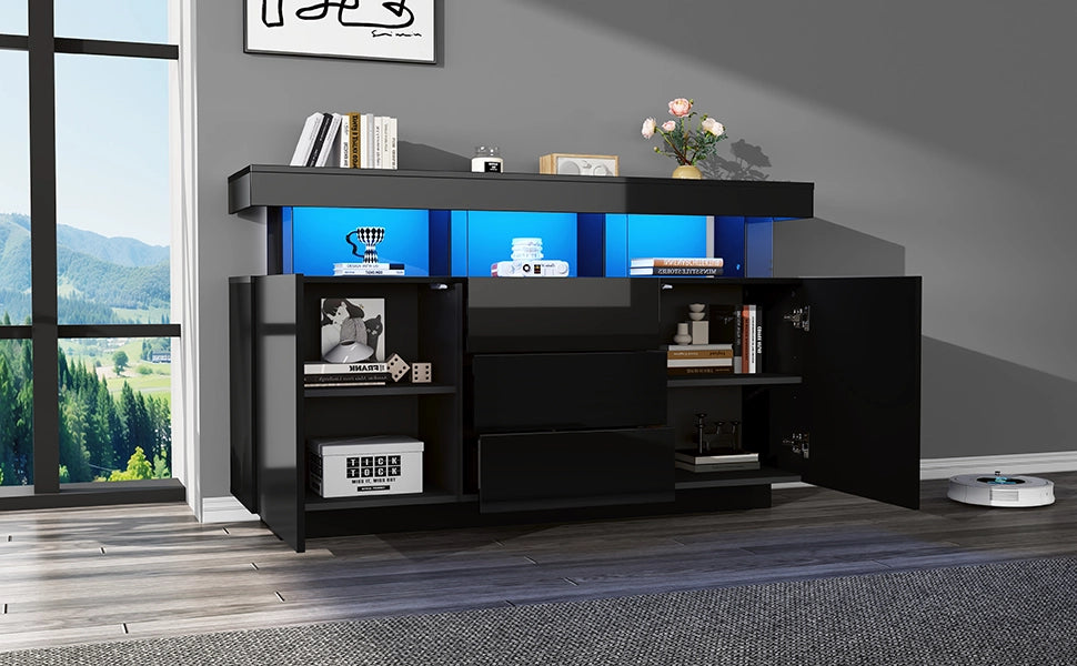 Credenza moderna nera lucida 140 cm 3 cassetti mobile soggiorno con luci led
