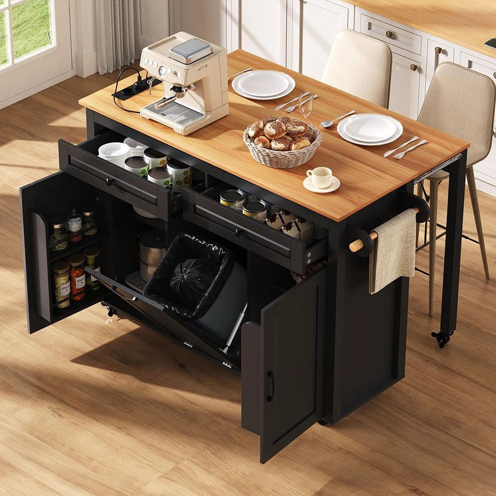 Isola cucina mobile - Xylo - Nero - Estensibile con piano lavoro e vano pattumiera