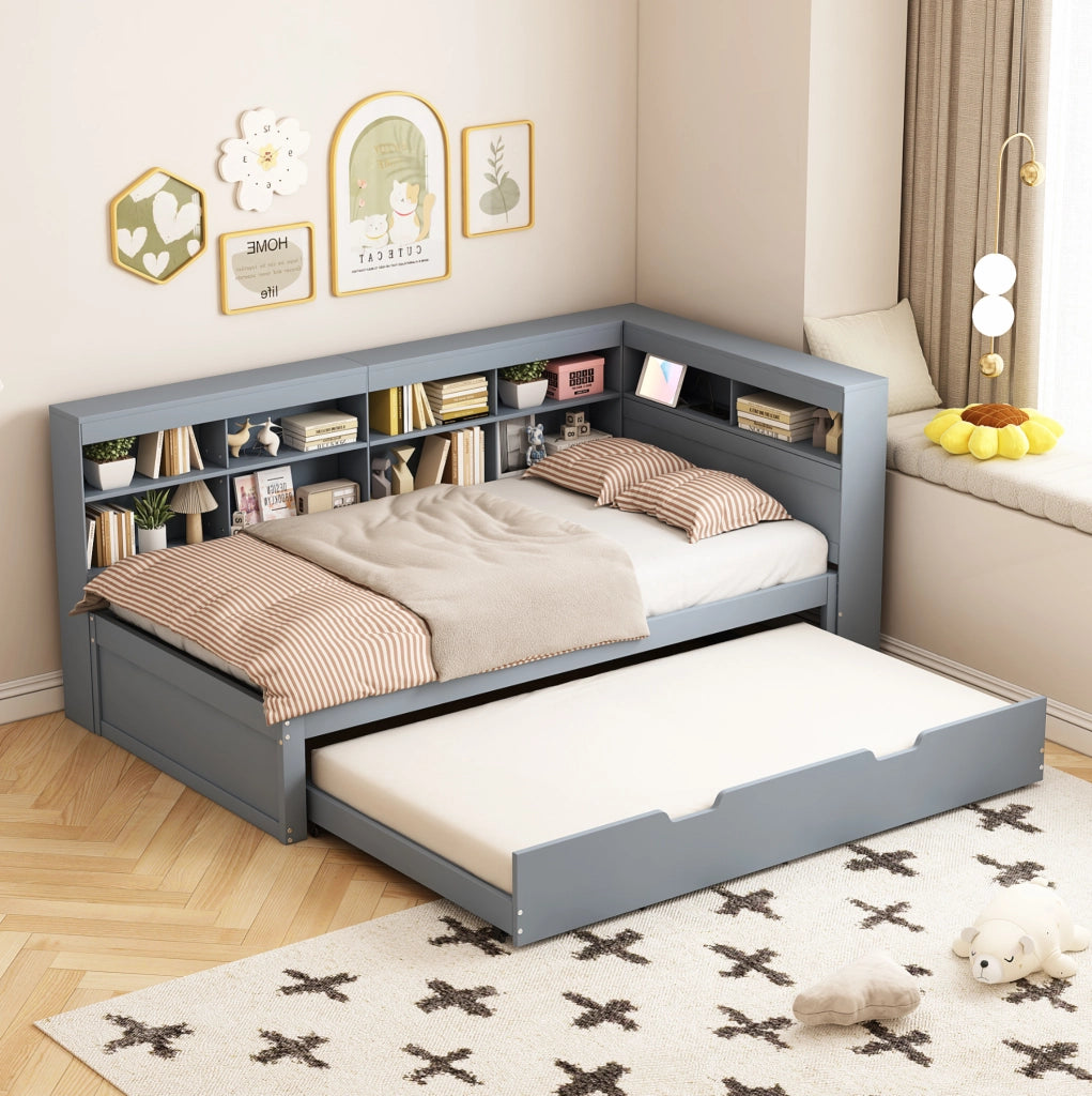 Divano letto multifunzionale 90x200 cm con letto estraibile 90x190 cm; USB e vani contenitore; grigio