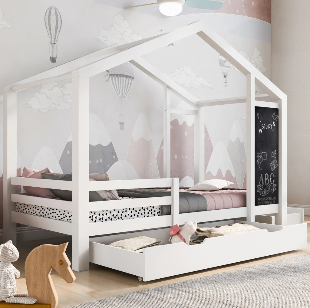 Letto a Casetta per Bambini 90x200 cm Bianco con Lavagna, Cassetti e Rete