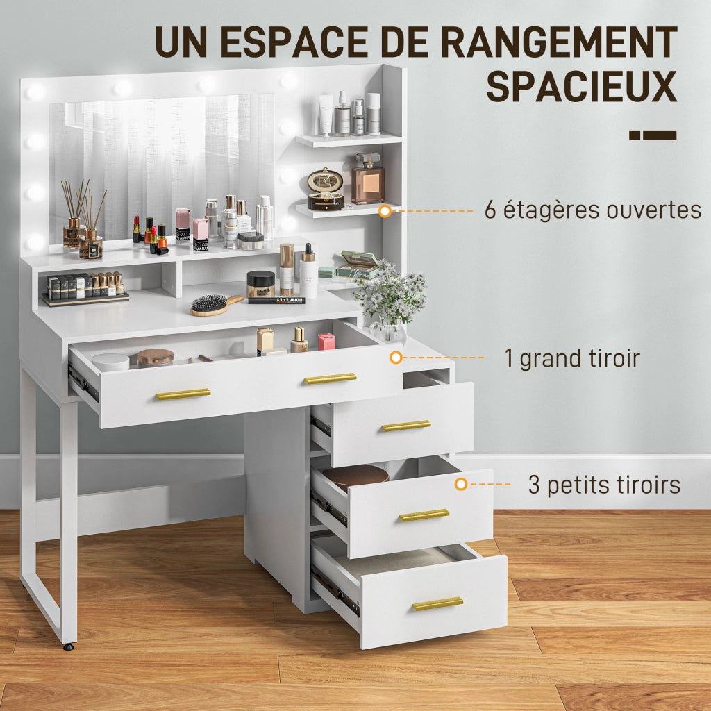 Scrivania da trucco con specchio e luci LED, 4 cassetti ¨C zephmum ¨C bianco, 100x40x138 cm