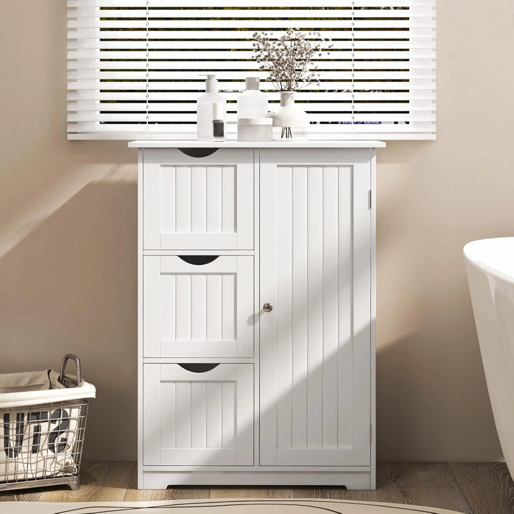 Armadietto da bagno con ripiano regolabile, in legno, 60 x 30 x 81 cm, con 3 cassetti e 1 porta, per soggiorno, cucina, corridoio (bianco)