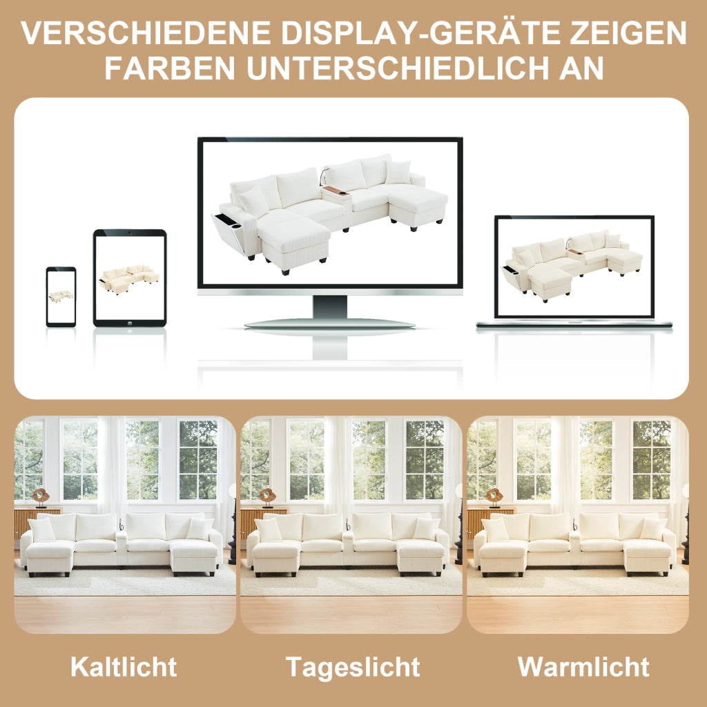Divano angolare 4 posti con ricarica USB e Type-C; contenitore - in tessuto a coste beige