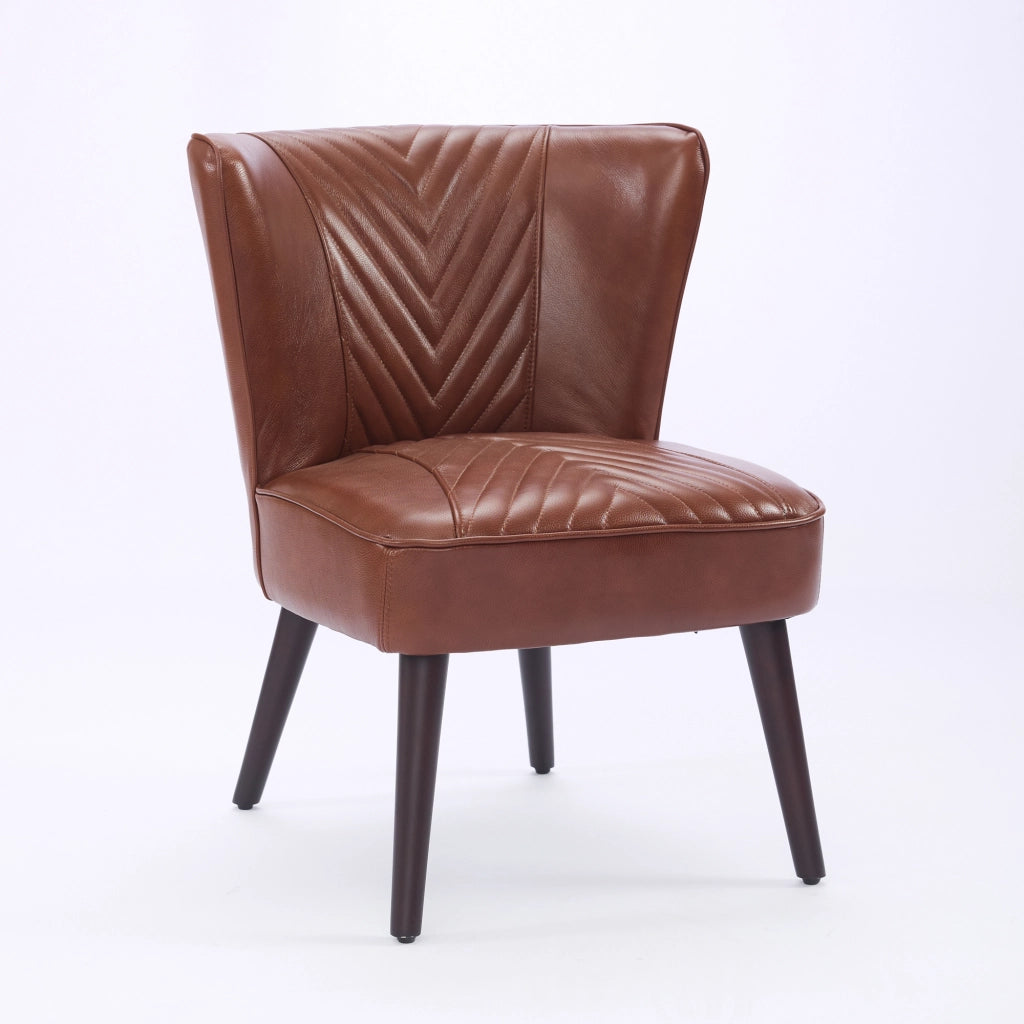 Poltrona Lounge senza Braccioli con Cuciture Diagonali a 45° e Struttura Stabile, in Pelle e Legno, Marrone