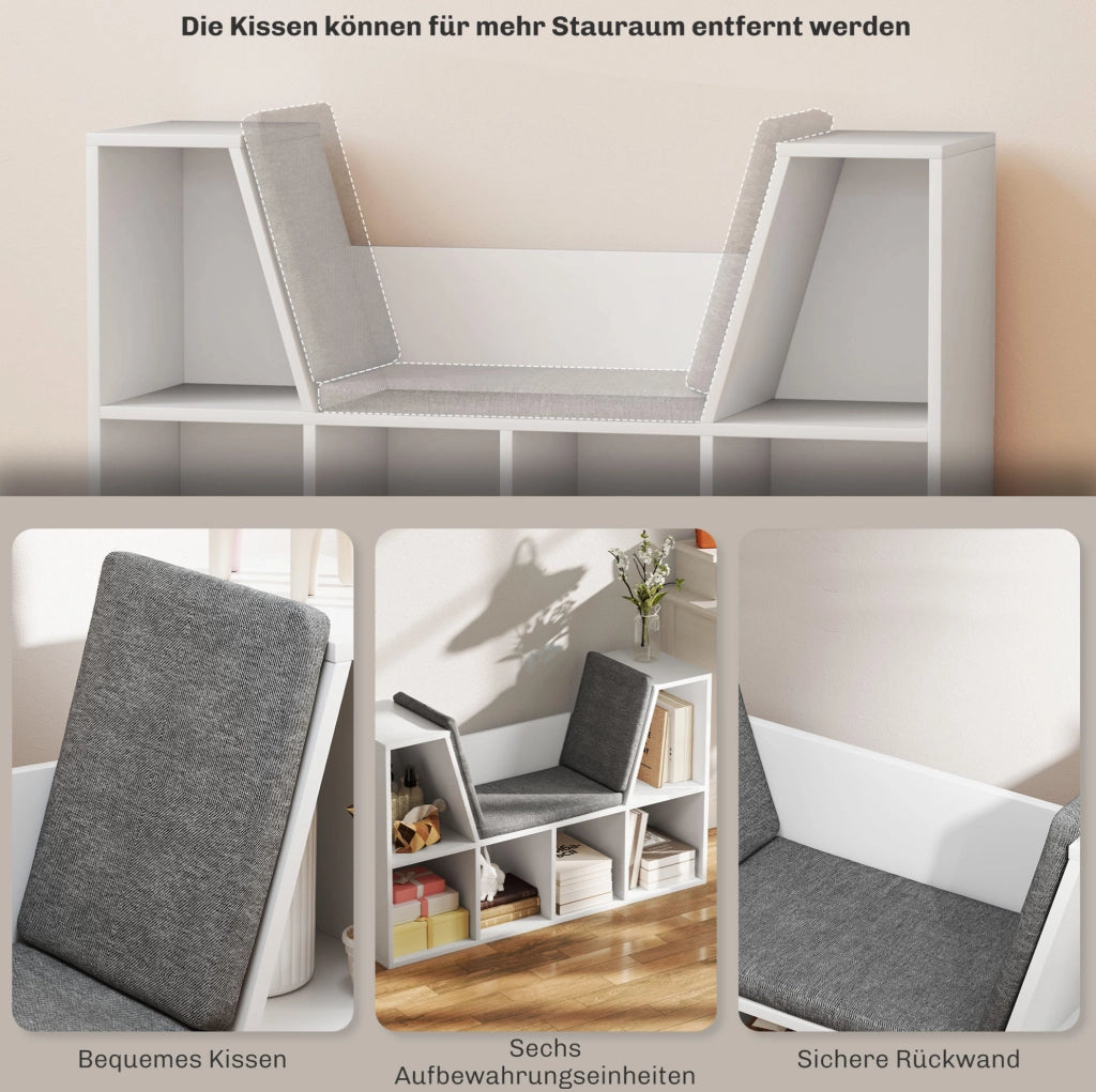 Libreria con seduta imbottita e 6 vani, bianca, 105x30x63 cm