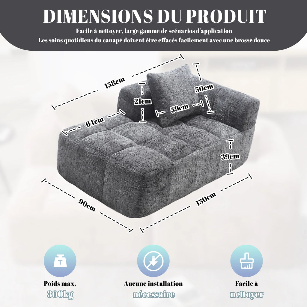 Divano Chaise Lounge in Chenille Grigio con Tasche Laterali e Cuscino, 158x90x60 cm