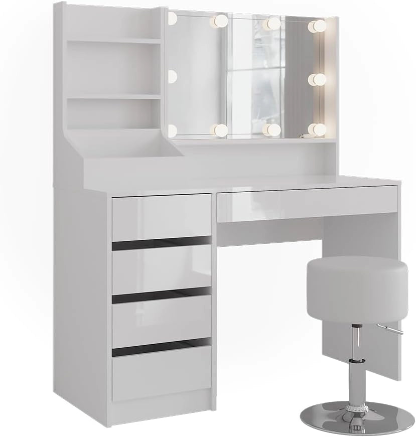 Tavolo da toeletta Sherry, Bianco/bianco lucido, 119.8 cm 4 parti
