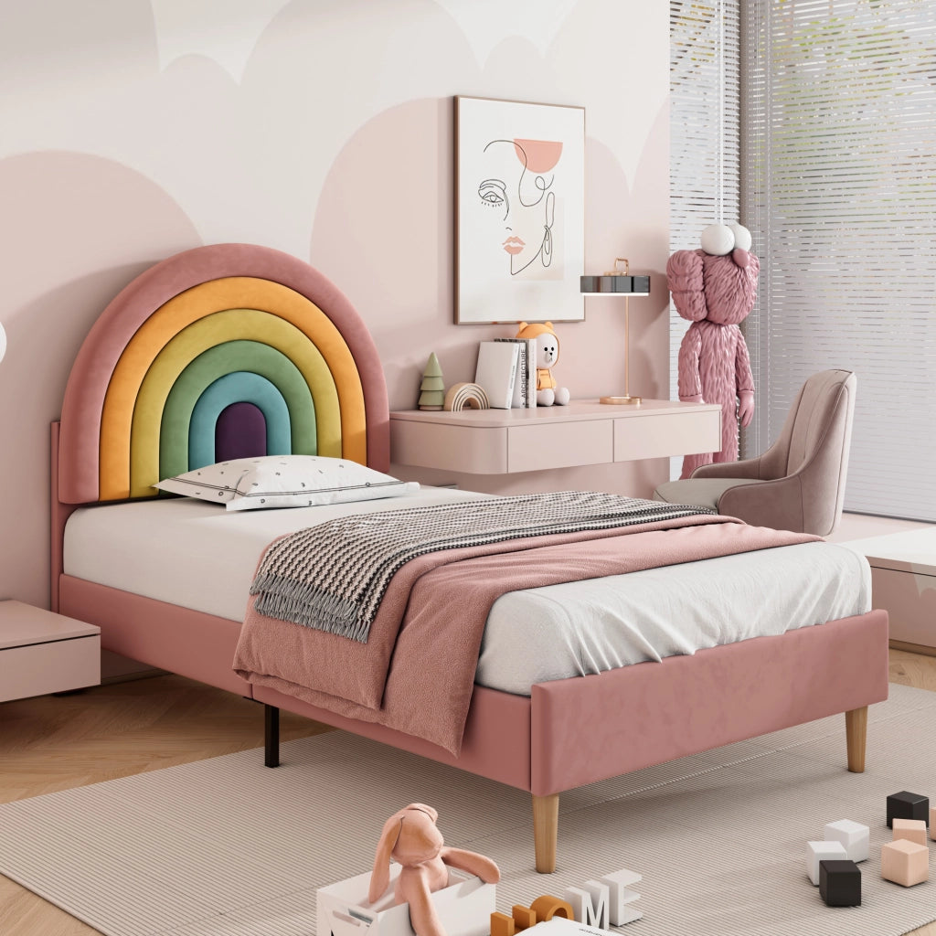 OKWISH Letto Singolo 90×200 cm, Letto per Ragazzi con Testiera Regolabile, Doghe in Legno e Testiera, senza Materasso, Velluto Rosa
