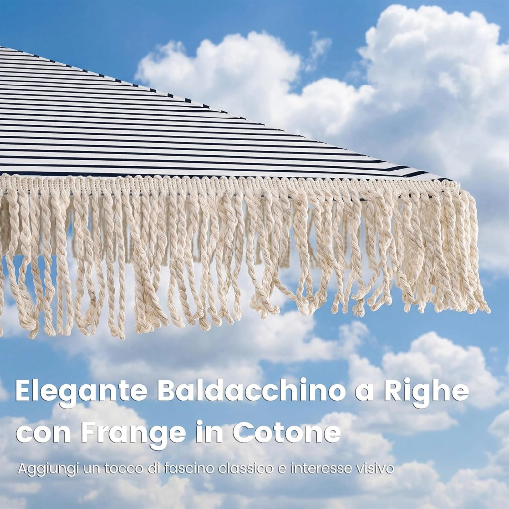 Ombrellone da Spiaggia 200 cm, 6 Stecche in Alluminio, Portatile con Decorazioni, Impermeabile Anti-UV, Antivento per Spiaggia Piscina Cortile (Bianco+Blu)