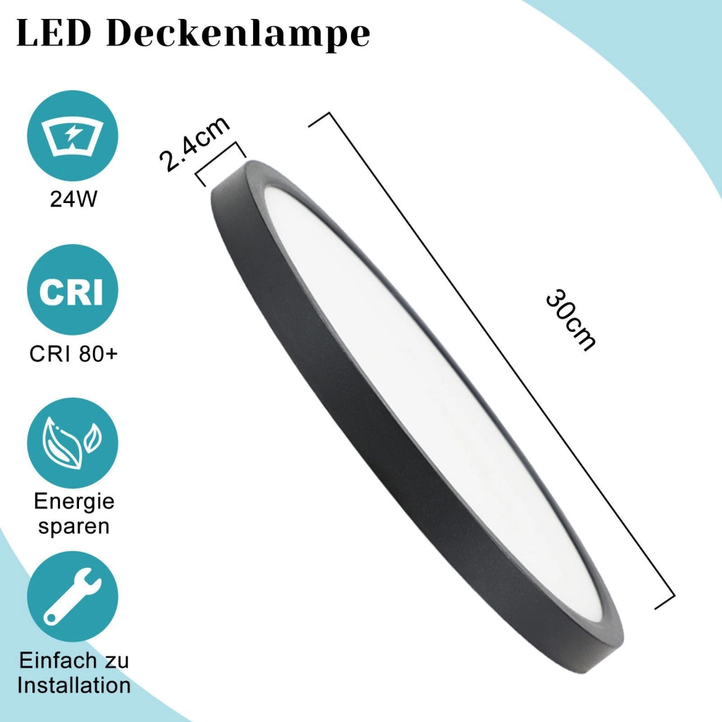 ZMH Lampada da soffitto LED 30cm 24W nero 3000K moderna per cucina bagno corridoio camera letto