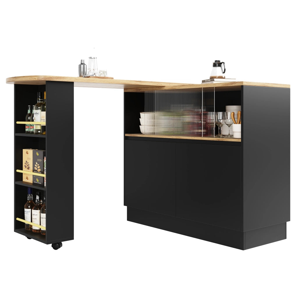 Mobile Bar Girevole a 360° con Ripiani Aperti e Anta Scorrevole in Vetro per Cucina e Sala da Pranzo in MDF Nero