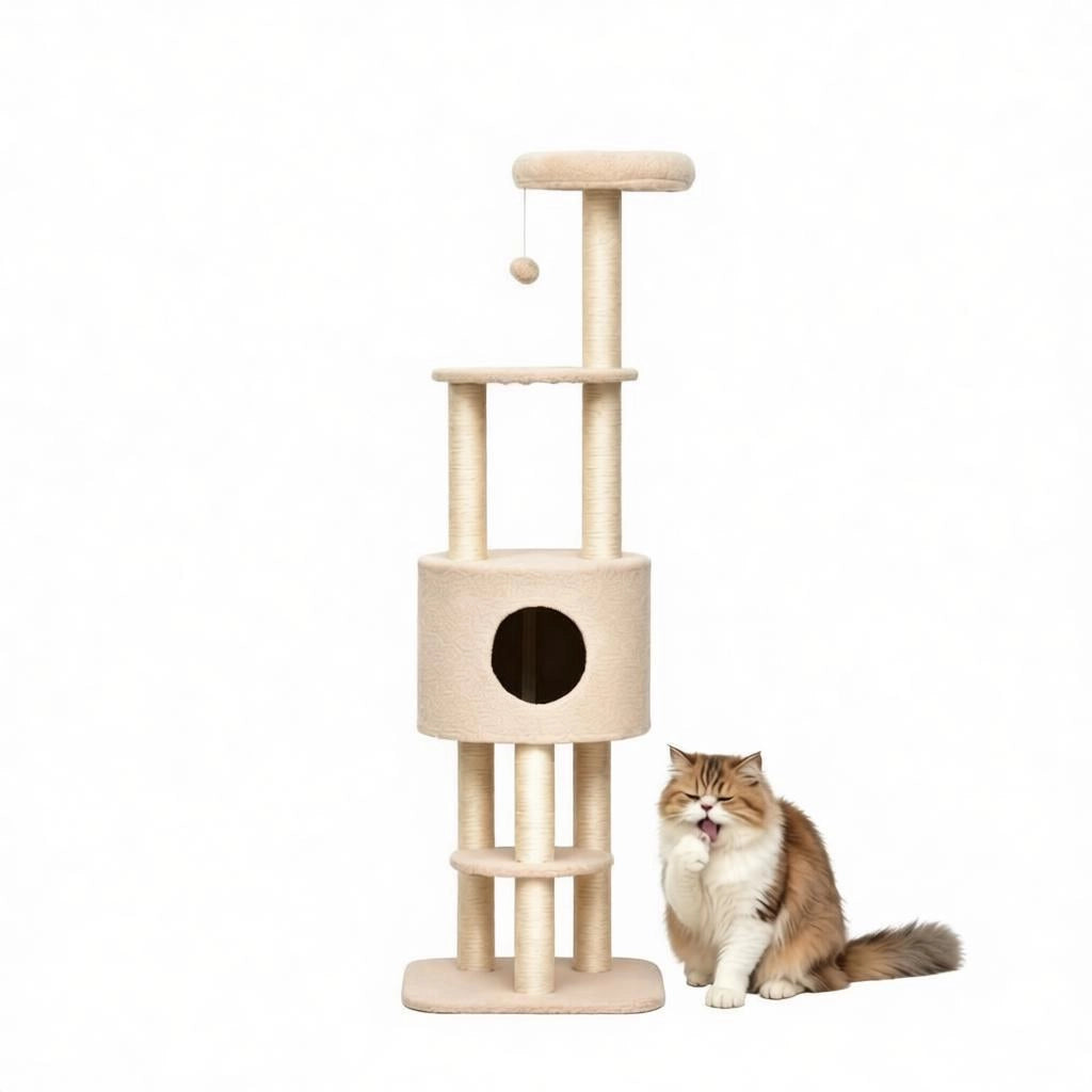 Albero tiragraffi per gatti in beige con sisal, piattaforme e cuccia, 148 cm