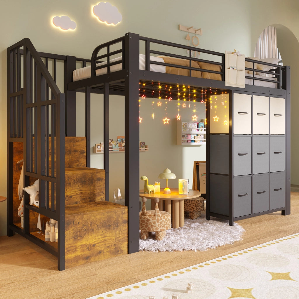 Letto a soppalco in metallo con cassetti e scala contenitore, 90x200 cm, nero