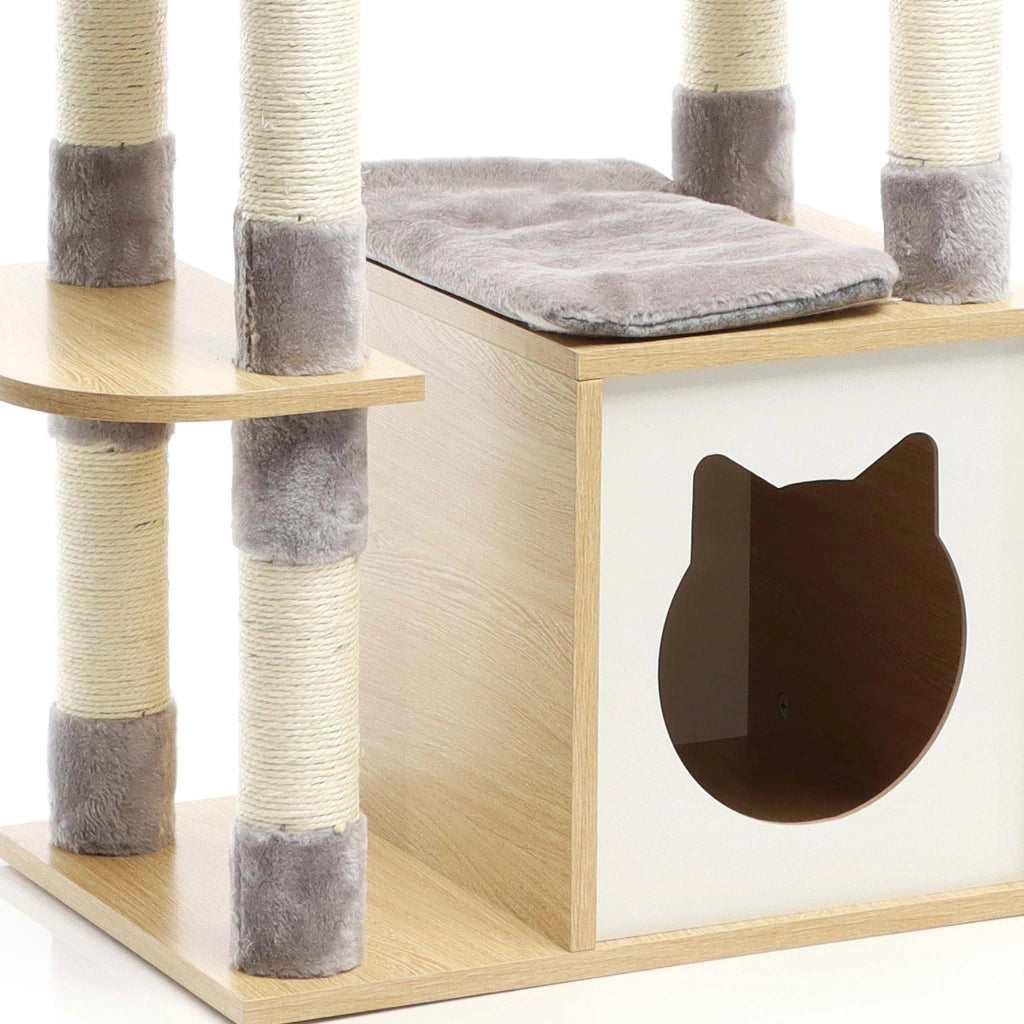 Fudajo Albero tiragraffi Legno grigio 126cm Con casetta per gatti, nicchia, colonne in sisal, cuccia