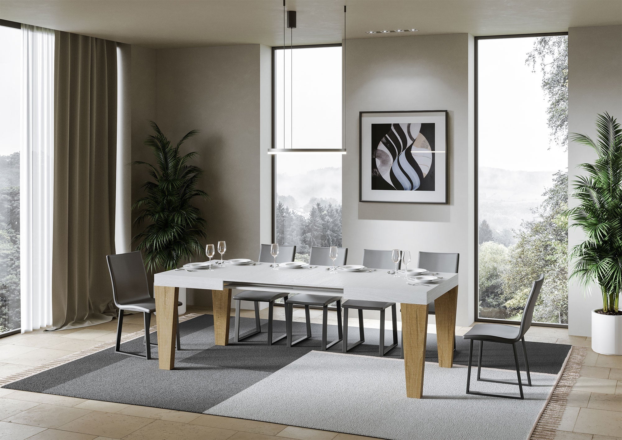 Tavolo Allungabile 130/390x90x77 cm Spimbo Mix  piano Bianco Frassino gambe Quercia Natura