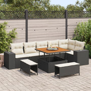 Set Divano da Giardino  9 Pezzi con Cuscini Polyrattan Nero Acacia