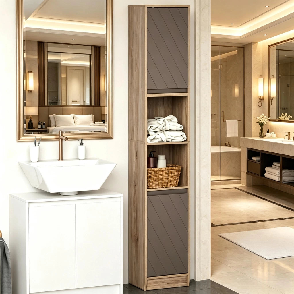 Armadietto da bagno alto e stretto con 2 ante, 2 vani aperti e ripiani regolabili, in MDF e truciolare, grigio rovere