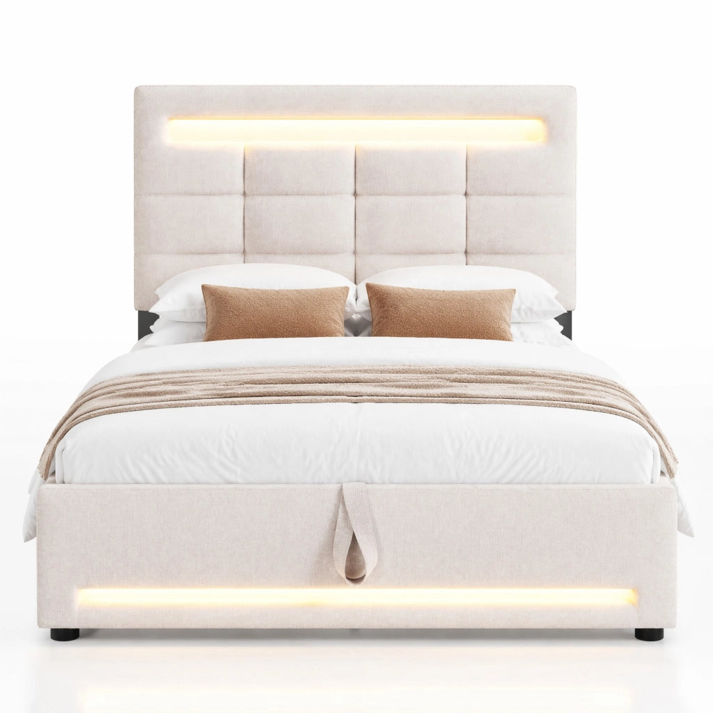 Letto imbottito 90x200 cm in lino beige con luci LED APP, USB e contenitore idraulico