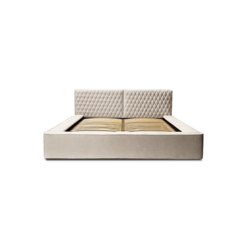 Lit coffre VERNON – Tessuto ciniglia bouclé Sabbia rosata – 140x200 cm – Rete sollevabile – Design di alta gamma