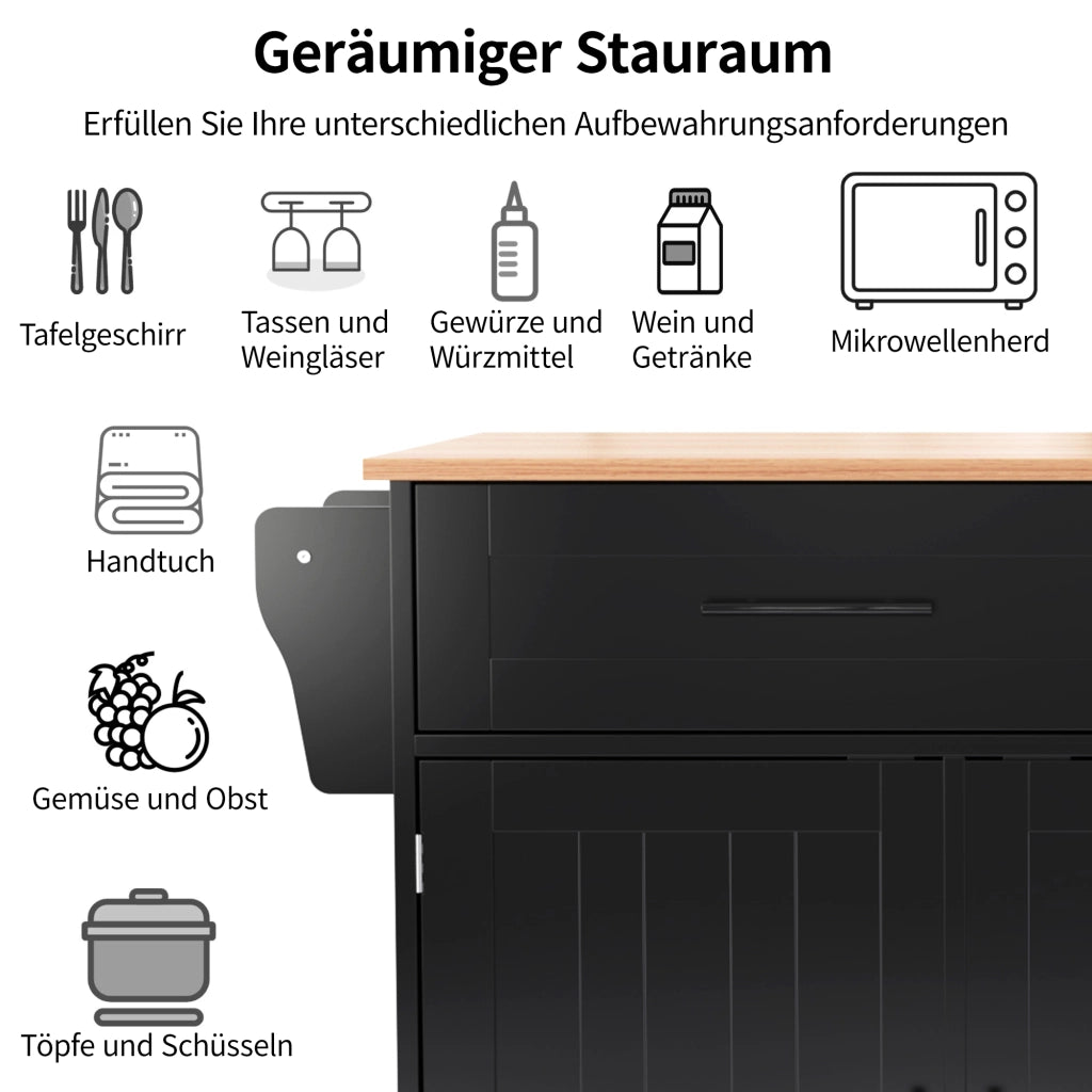 CARRELLO CUCINA Con piano pieghevole 129x71x91,5 cm MDF Nero/Naturale