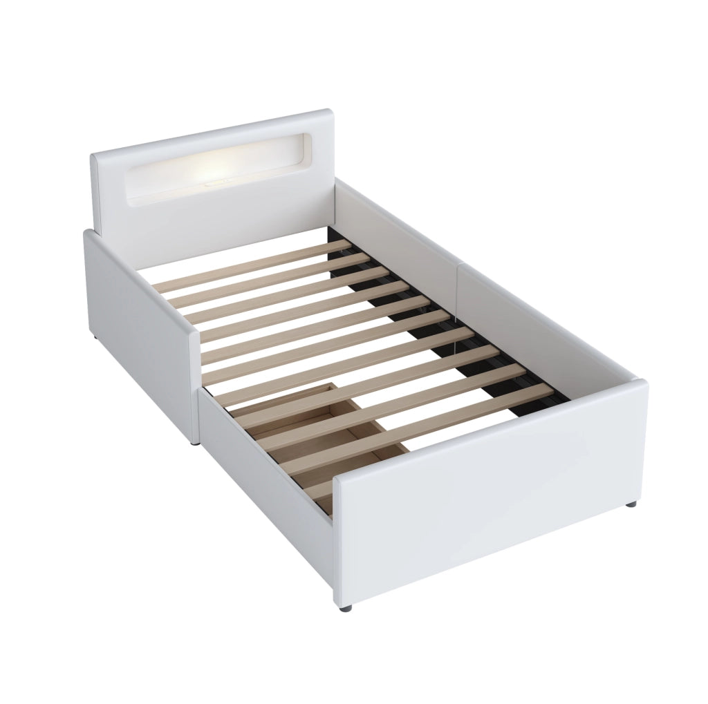 Letto imbottito bambini 90x200 cm; USB e luce notturna; cassetti; pelle sintetica; bianco