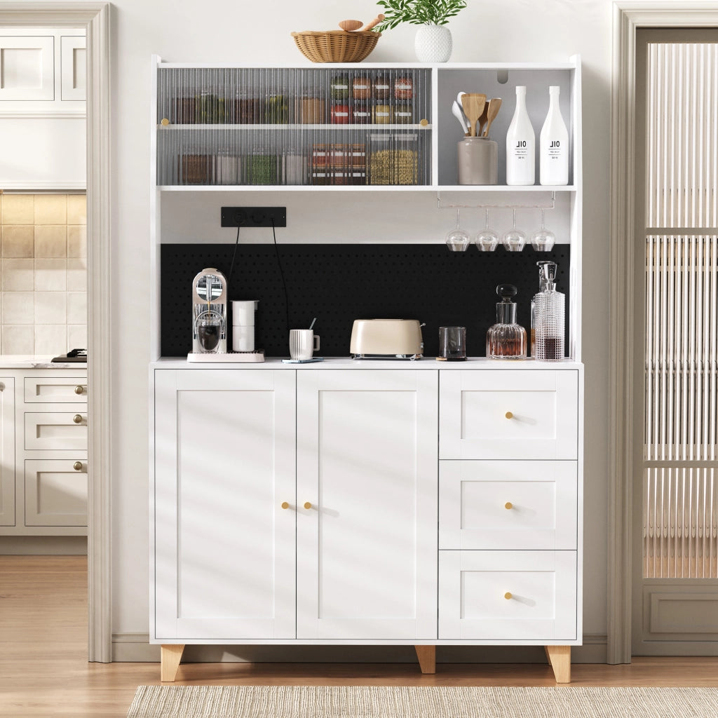 Credenza alta da cucina con 3 Cassetti; Ripiani Regolabili; Prese e Pannello Forato; in MDF; 120x40x184 cm; Bianco