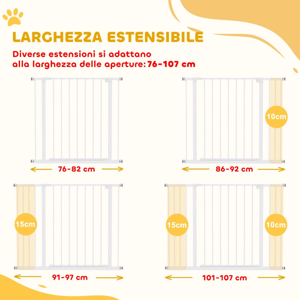 Cancellino per Cani di Sicurezza Estensibile da 76-82/86-97/101-107 cm Montaggio a Pressione. Metallo e Plastica. Bianco